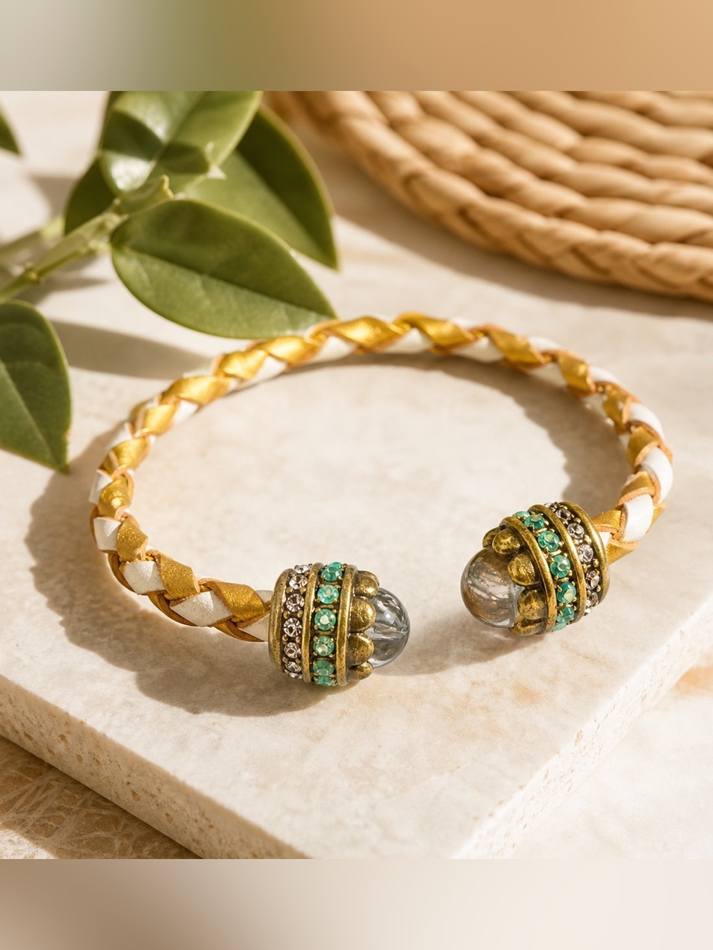 LOFT Braided Leather Cuff Bracelet Gold White Turquoise Crystal Boho